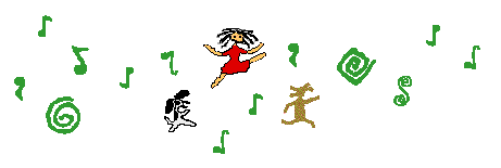 cartoon image of
        Jayne dancing with her cartoon dogs amid cartoon music images