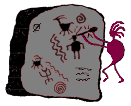 A drawing meant to look like
        a petroglyph. A figure is carving petroglyphs.