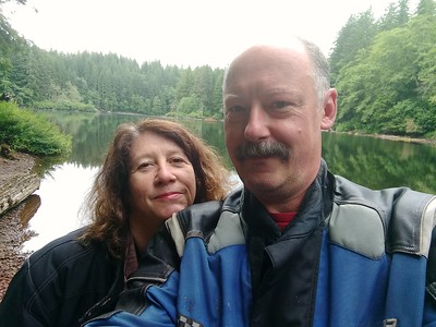 Jayne
        and Stefan posing in front of Lost Lake